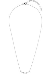 Zilveren halsketting met een delicate ketting en een gebogen hanger versierd met vijf kleine stervormige accenten, een glad oppervlak en een gepolijste afwerking.