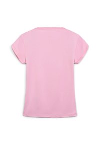 Camicia rosa a maniche corte con scollo rotondo e tessuto morbido e liscio. Non sono presenti motivi o dettagli visibili.