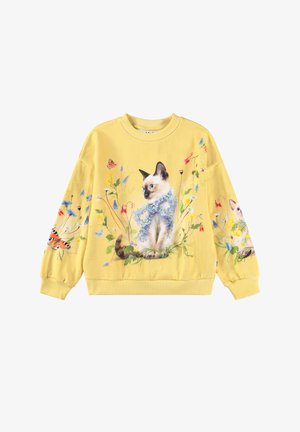 Κίτρινος φούτερ με τυπωμένη γάτα περιτριγυρισμένη από πολύχρωμα λουλούδια και πεταλούδες, με ριμπά μανίκια και στρίφωμα. Μαλακό, άνετο ύφασμα.