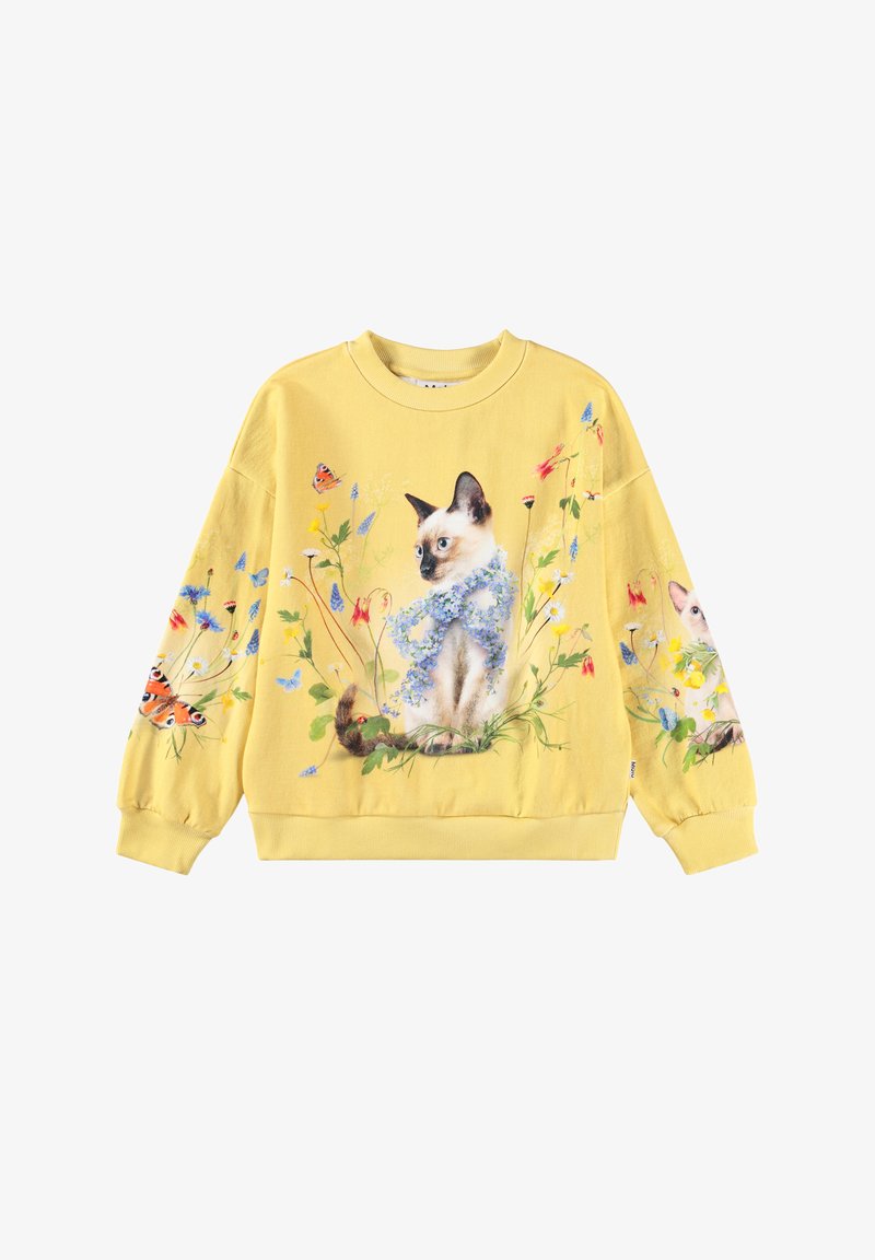 Κίτρινος φούτερ με τυπωμένη γάτα περιτριγυρισμένη από πολύχρωμα λουλούδια και πεταλούδες, με ριμπά μανίκια και στρίφωμα. Μαλακό, άνετο ύφασμα.