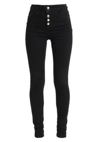 Černé džíny s vysokým pasem a slim fit, které mají pět kovových knoflíků vpředu a standardní kapsy. Hladká textura.