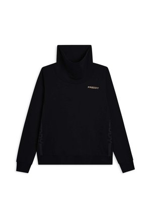 Felpa nera con colletto alto, maniche lunghe e un discreto logo dorato sul petto. Tessuto morbido con elementi di design minimalisti.