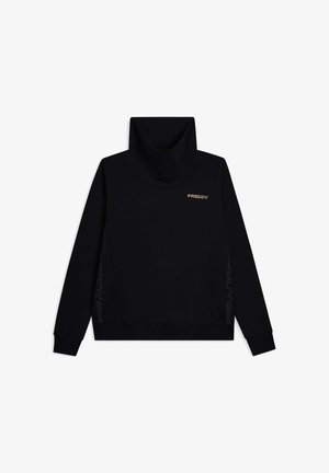 Sweat-shirt noir avec un col haut, des manches longues et un logo doré discret sur la poitrine. Tissu lisse avec des éléments de design minimalistes.