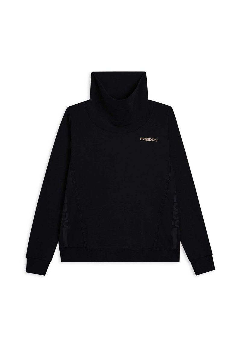 Felpa nera con colletto alto, maniche lunghe e un discreto logo dorato sul petto. Tessuto morbido con elementi di design minimalisti.