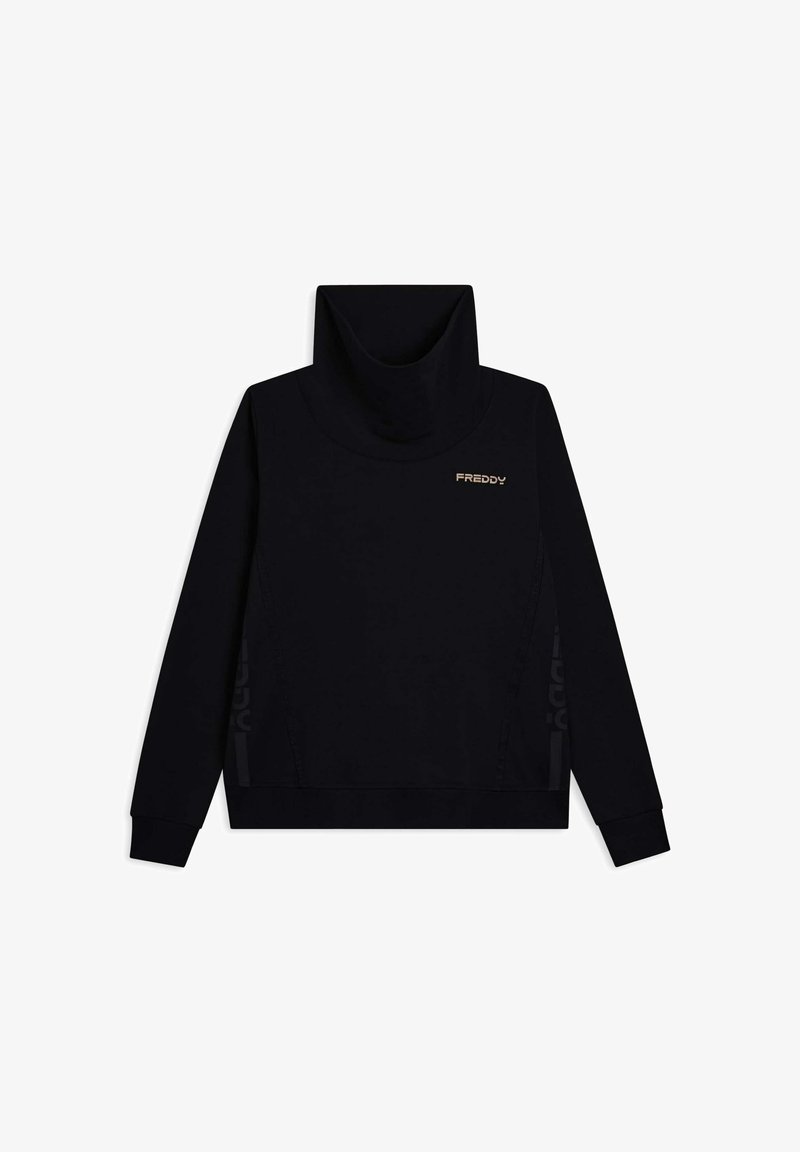 Felpa nera con colletto alto, maniche lunghe e un discreto logo dorato sul petto. Tessuto morbido con elementi di design minimalisti.