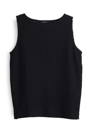 Black, sleeveless top with a textured, waffle-knit pattern. Round neck and relaxed fit, made from breathable material. Simple design and solid color.