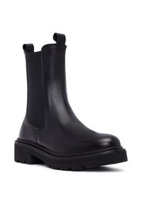 Czarny skórzany but Chelsea z elastycznymi bocznymi panelami, zaokrąglonym noskiem i teksturowaną gumową podeszwą o masywnej, wytrzymałej konstrukcji.