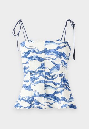 White top with blue wave pattern, flared design, and adjustable spaghetti straps. Features scalloped neckline and textured fabric.