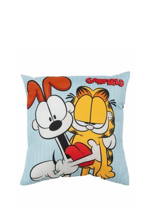 Square cushion featuring cartoon characters, Garfield and Odie, on a light blue striped background. Made of fabric with bold colors and simple designs.