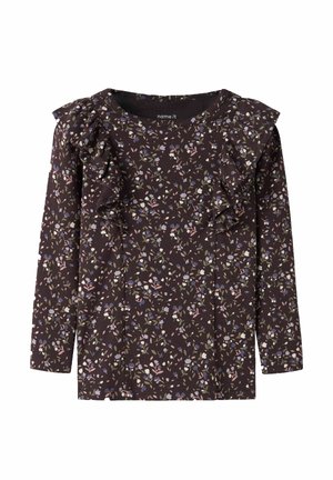 Chemise enfant manches longues violet foncé avec petit imprimé floral et volants le long des épaules.