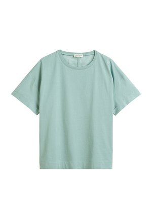 Een mintgroene T-shirt met korte mouwen van zacht katoen, voorzien van een ronde halslijn en een ontspannen pasvorm, met schone lijnen en zonder zichtbare patronen.