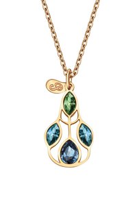 Złoty naszyjnik z kwiatowym wzorem, ozdobiony czterema wielokolorowymi kamieniami szlachetnymi: zielonym, jasnoniebieskim, ciemnoniebieskim i głębokoniebieskim.