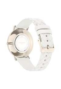 Zilveren roestvrijstalen horloge met een geweven wit lederen band, met een eenvoudige, ronde kast en een gepolijste achterkant. Merken zichtbaar op de achterkant.