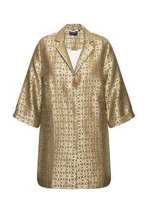 Goldmusterjacke mit lockerer Passform, ausgestattet mit einem Schalkragen, Dreiviertelärmeln und geometrischem Design in metallischen Tönen.