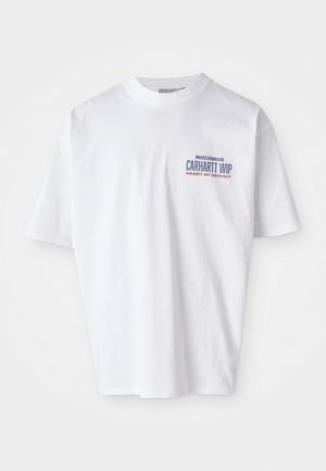 White cotton t-shirt with short sleeves, crew neck, and a printed logo in blue and red on the front left side.