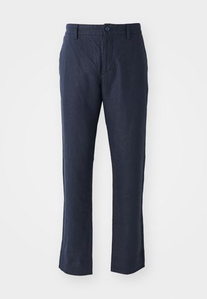 Navy linen trousers with a straight-leg design, featuring a front button closure, belt loops, and side pockets. Smooth texture throughout.