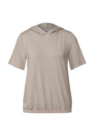 Hoodie beige a maniche corte con una vestibilità rilassata, cappuccio con coulisse e orlo elasticizzato. Texture liscia, tessuto leggero. Senza fantasie né loghi.