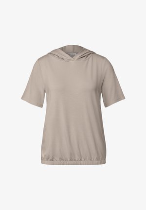 Hoodie beige à manches courtes avec une coupe décontractée, capuche à cordon de serrage et ourlet élastique. Texture lisse, tissu léger. Sans motifs ni logos.