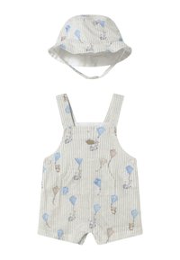 Pantalones de tira de algodón con bolsillos, decorados con ratones y cometas de dibujos animados en azul y beige. Incluye un sombrero tipo cubo a juego.