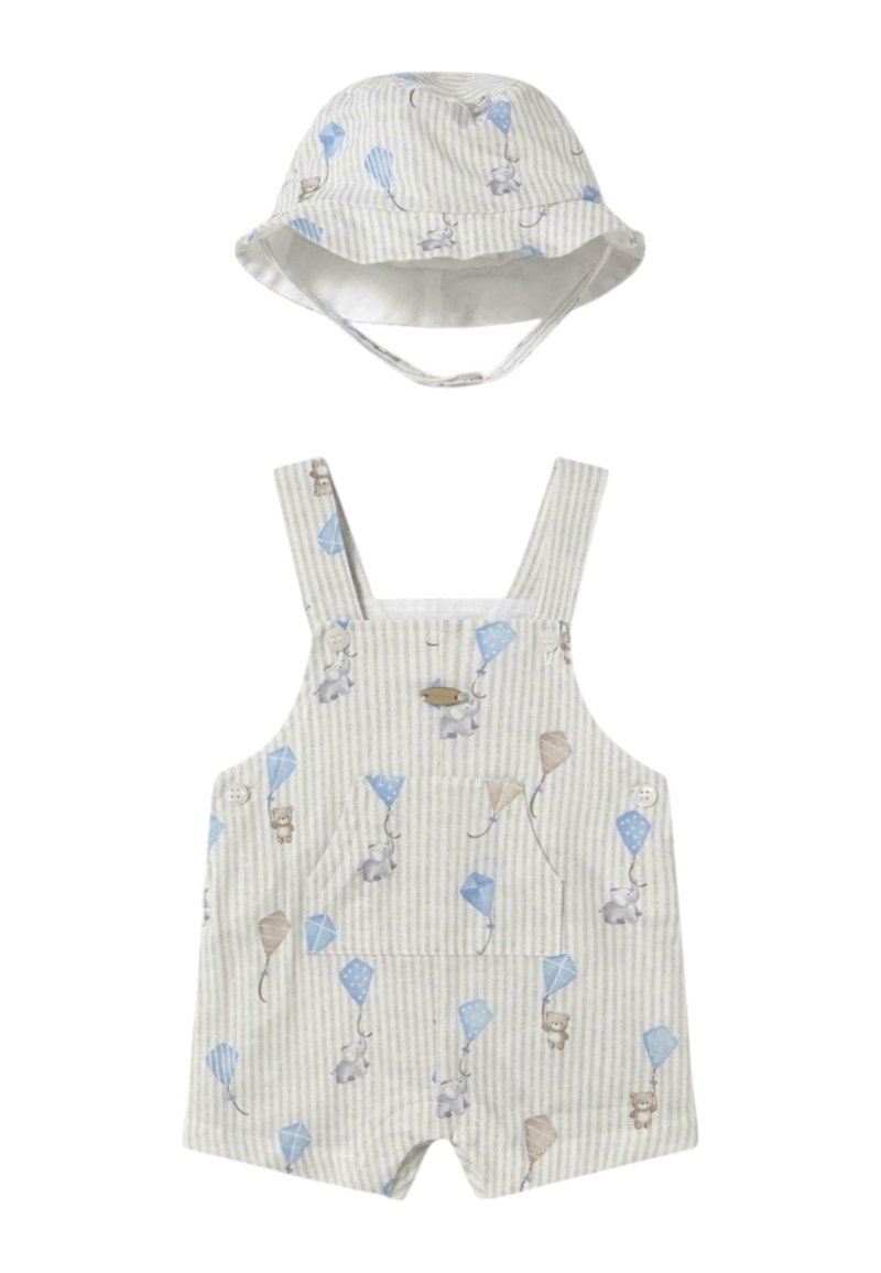 Pantalones de tira de algodón con bolsillos, decorados con ratones y cometas de dibujos animados en azul y beige. Incluye un sombrero tipo cubo a juego.