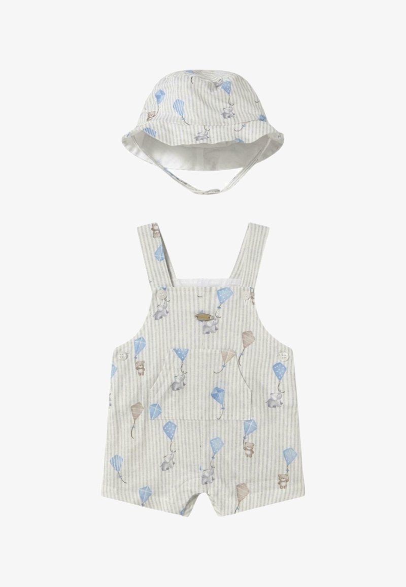 Pantalones de tira de algodón con bolsillos, decorados con ratones y cometas de dibujos animados en azul y beige. Incluye un sombrero tipo cubo a juego.