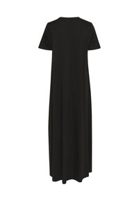 Czarna sukienka z krótkim rękawem, wykonana z miękkiego materiału. Charakteryzuje się luźnym krojem, okrągłym dekoltem i długością do ziemi. Prosty i minimalistyczny styl.