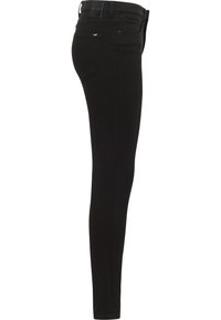 Juodi liesi džinsai, pagaminti iš tamprios medvilnės mišinio, su vidutinio aukščio liemeniu, penkiomis kišenėmis ir subtiliais siuvinėjimo akcentais gale.