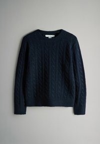 Navy blue knitted sweater features a cable pattern, crew neckline, and ribbed hem and cuffs. Made from a textured wool blend fabric.