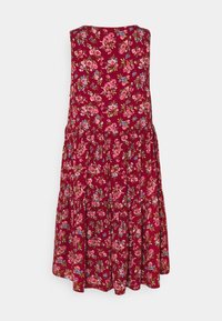 Robe sans manches florale bordeaux, dotée d'une jupe à volants avec des motifs de fleurs roses et bleues, confectionnée dans un tissu léger.