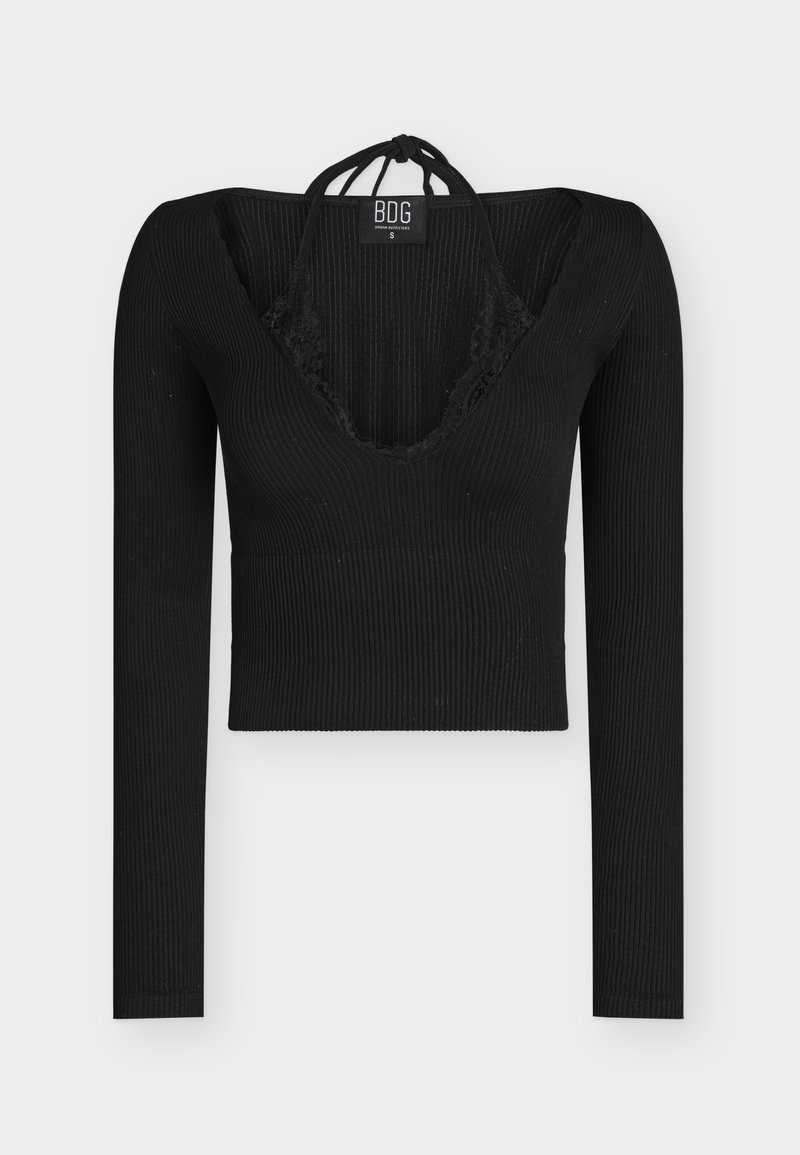 Zwart geribd crop top met lange mouwen, diepe V-hals en kanten rand, voorzien van een halterriem die gestrikt wordt aan de achterkant van de halslijn, maat small.