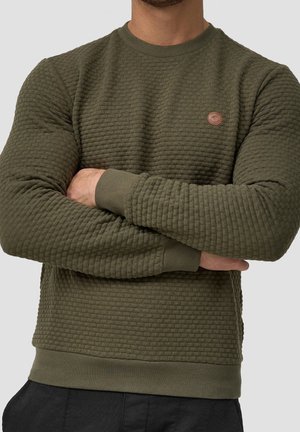Khaki gekleurde sweatshirt met een ronde hals en ribgebreide boorden. Beschikt over een klein rond logo op de borst en een aansluitende zoom.