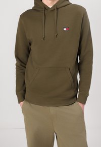 Sudadera con capucha verde oliva de tela suave, con bolsillo tipo canguro en la parte delantera, capucha con cordón y un pequeño logo multicolor en el pecho.