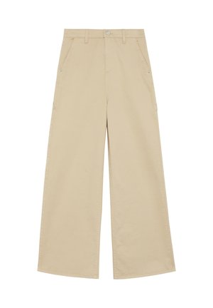 Beige wijde cargo broek van katoen, met een knoopsluiting aan de voorkant, twee grote zijzakken en nette stikseldetails.