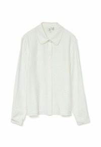 Blusa bianca a maniche lunghe con finitura testurizzata e colletto rotondo decorato con piccole perline. Chiusura frontale con bottoni e vestibilità comoda.