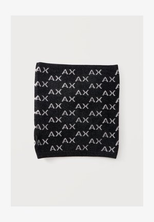 Czarny dzianinowy ocieplacz na szyję z powtarzającym się białym wzorem logo "AX" na całej powierzchni.