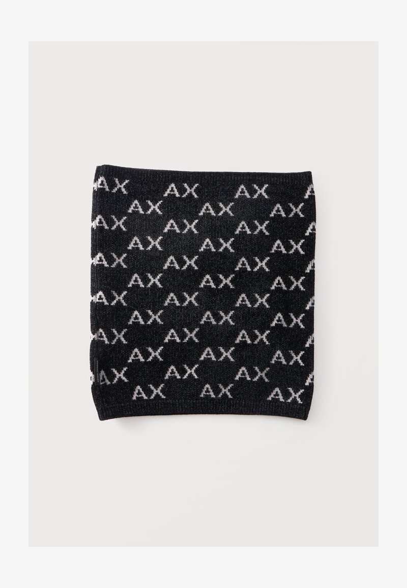 Tour de cou en tricot noir avec motif répété du logo blanc "AX" sur toute la surface.