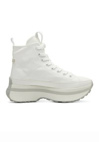 White high-top sneakers with a textured canvas upper, thick foam platform sole, and tonal accents. Features lace-up front and pull tab.