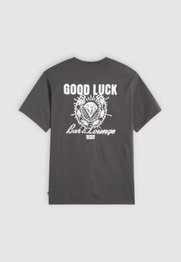 Gray cotton t-shirt featuring a white printed design on the back with "GOOD LUCK" and "Bar & Lounge" text, along with decorative elements.