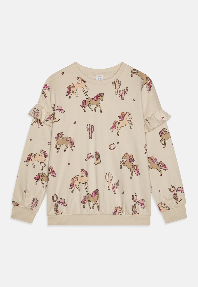 Beige Sweatshirt mit einem Muster aus braunen Pferden, Kakteen, Hüten und Stiefeln. Rüschenärmel und gerippte Bündchen runden das Design ab.
