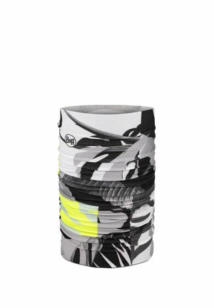 Accessoire de tête tubulaire multifonction avec motifs noir, blanc et jaune néon et le logo Buff sur le côté.