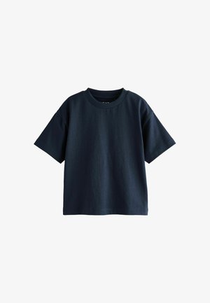 T-shirt in cotone di un blu navy scuro, con maniche corte, scollatura rotonda e vestibilità comoda. Tessuto morbido senza motivi o dettagli visibili.