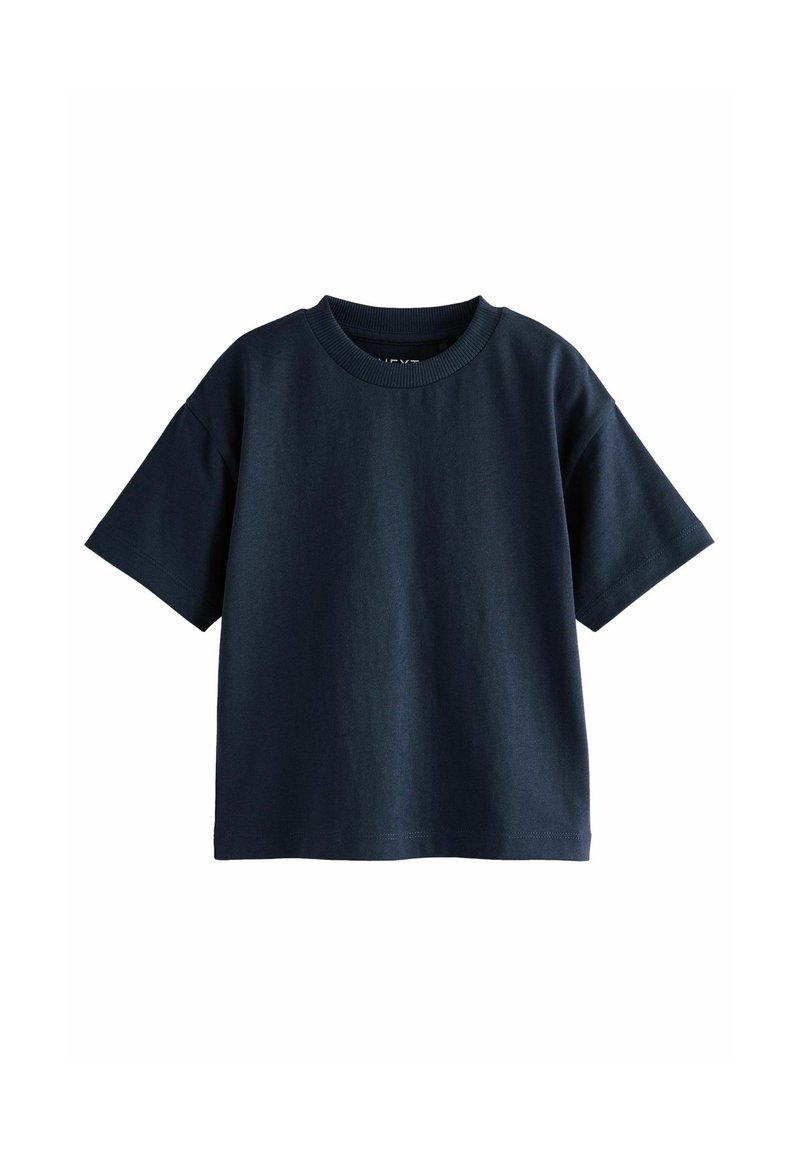 T-shirt in cotone di un blu navy scuro, con maniche corte, scollatura rotonda e vestibilità comoda. Tessuto morbido senza motivi o dettagli visibili.