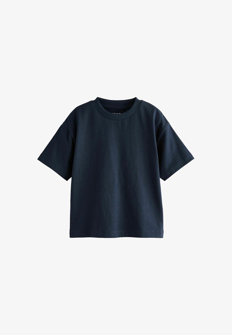 Ciemnoniebieska bawełniana koszulka z krótkim rękawem, okrągłym dekoltem i luźnym krojem. Gładka faktura bez widocznych wzorów lub dodatków.