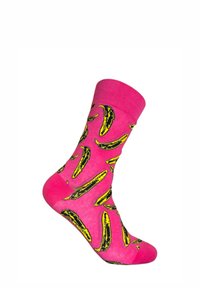 Calcetines rosas con estampados de plátano en negro y amarillo, textura suave, puño acanalado y diseño de longitud de caña.