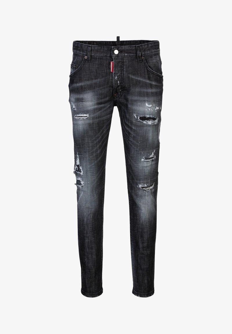 Zwarte denim jeans met een slim fit, met verweerde details, lichte vervaagde plekken en meerdere scheuren langs de benen.
