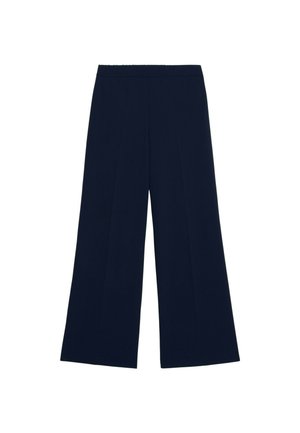 Navyblauwe wijde broek met een platte tailleband, voorzien van strakke plooien aan de voorkant voor een verzorgd uiterlijk. Smooth, lichtgewicht stof.