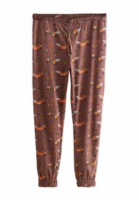 Brown jogger pants with elastic waist and cuffs, featuring a pattern of running foxes and small leafy branches.