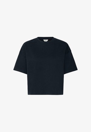 T-shirt noir surdimensionné à manches courtes et col rond, avec un ourlet droit, présenté sur un fond blanc.