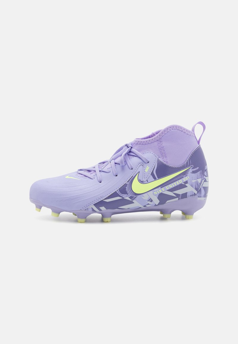 Purple Nike soccer cleats with a textured design, featuring a yellow logo, multi-patterned sides, and a short collar. Yellow studs on the sole.