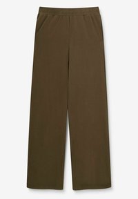 Pantalons à jambes larges en tissu olive doux. Munis d'une taille élastique et de deux poches latérales. Texture lisse sans motifs visibles.